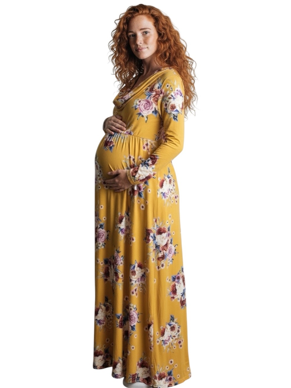 Mother Bee Maternity Dress. Like New. Mustard Pinks Blues Wht. Cowl Neck. Sz. M